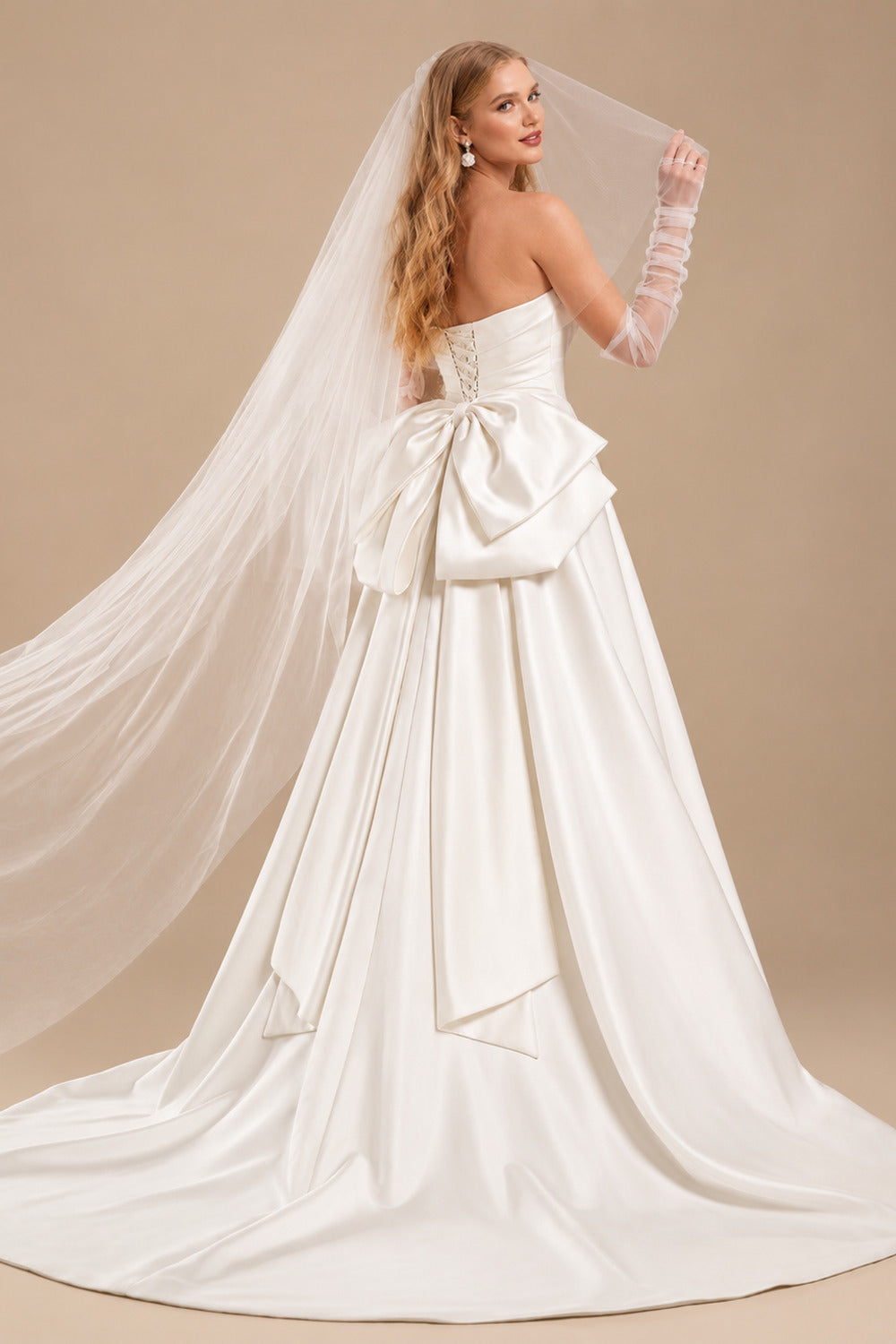 Rutipo Ivory A-Line Strapless Sleeveless Court Train Satin Wedding Dresses With Bow