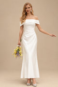 Rutipo Ivory Trumpet/Mermaid Asymmetrical Short Sleeves Ankle-Length Crepe Satin Wedding Dresses