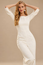 Rutipo Ivory Jumpsuit/Pantsuit Scoop Neck 3/4 Sleeves Floor-Length Elastic Satin Wedding Dresses With Beading