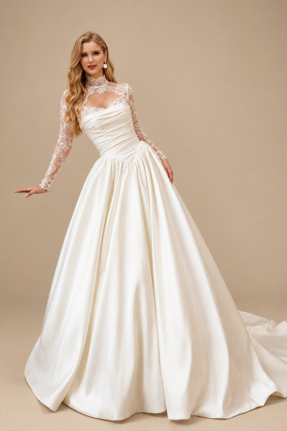 Rutipo Ivory A-Line/Ball-Gown Scoop Neck Long Sleeves Court Train Satin Wedding Dresses With Lace