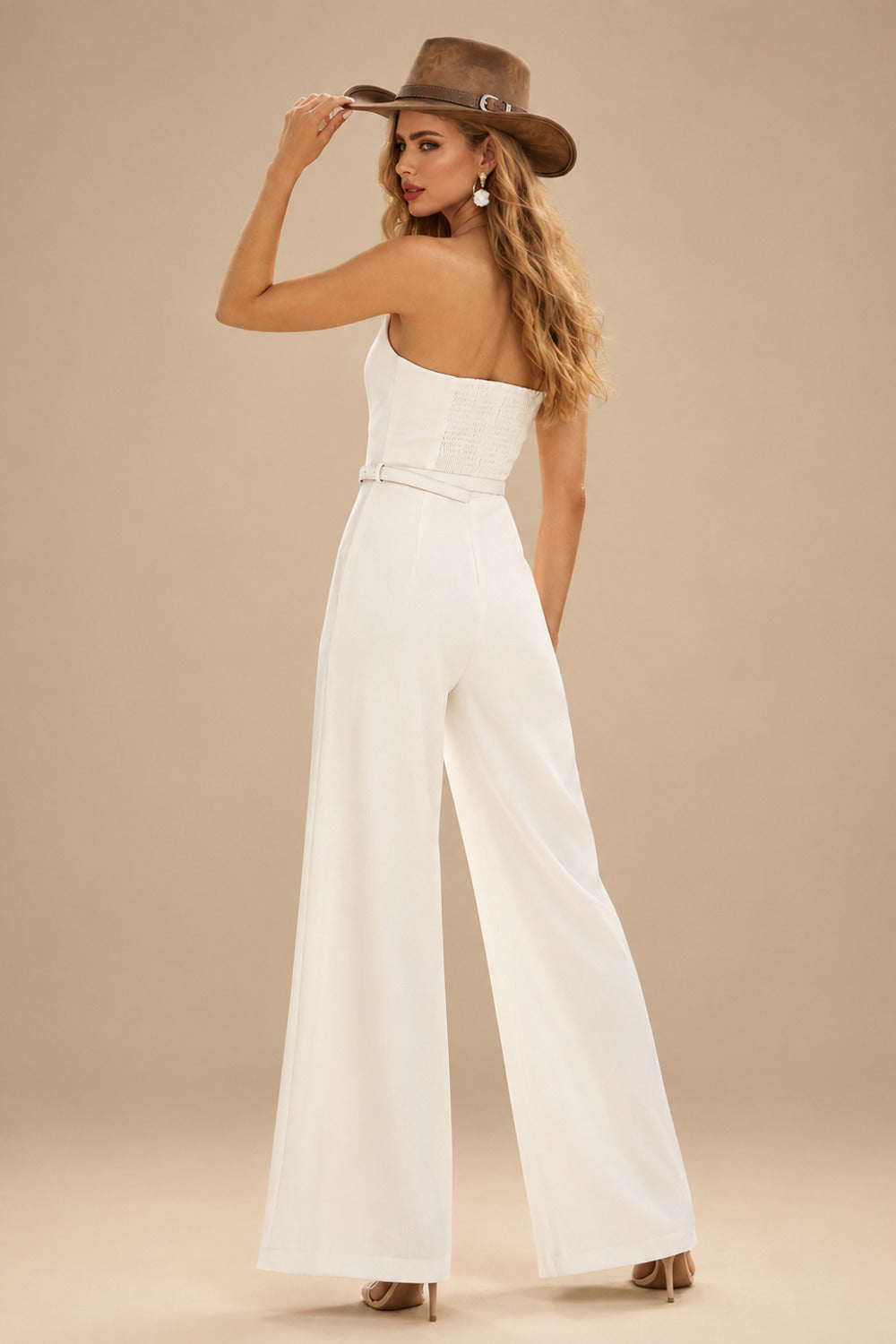 Rutipo Ivory Jumpsuit/Pantsuit Halter Sleeveless Floor-Length Elastic Satin Wedding Dresses With Sash