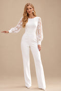Rutipo White Jumpsuit/Pantsuit Scoop Neck Long Sleeves Floor-Length Elastic Satin Wedding Dresses With Lace
