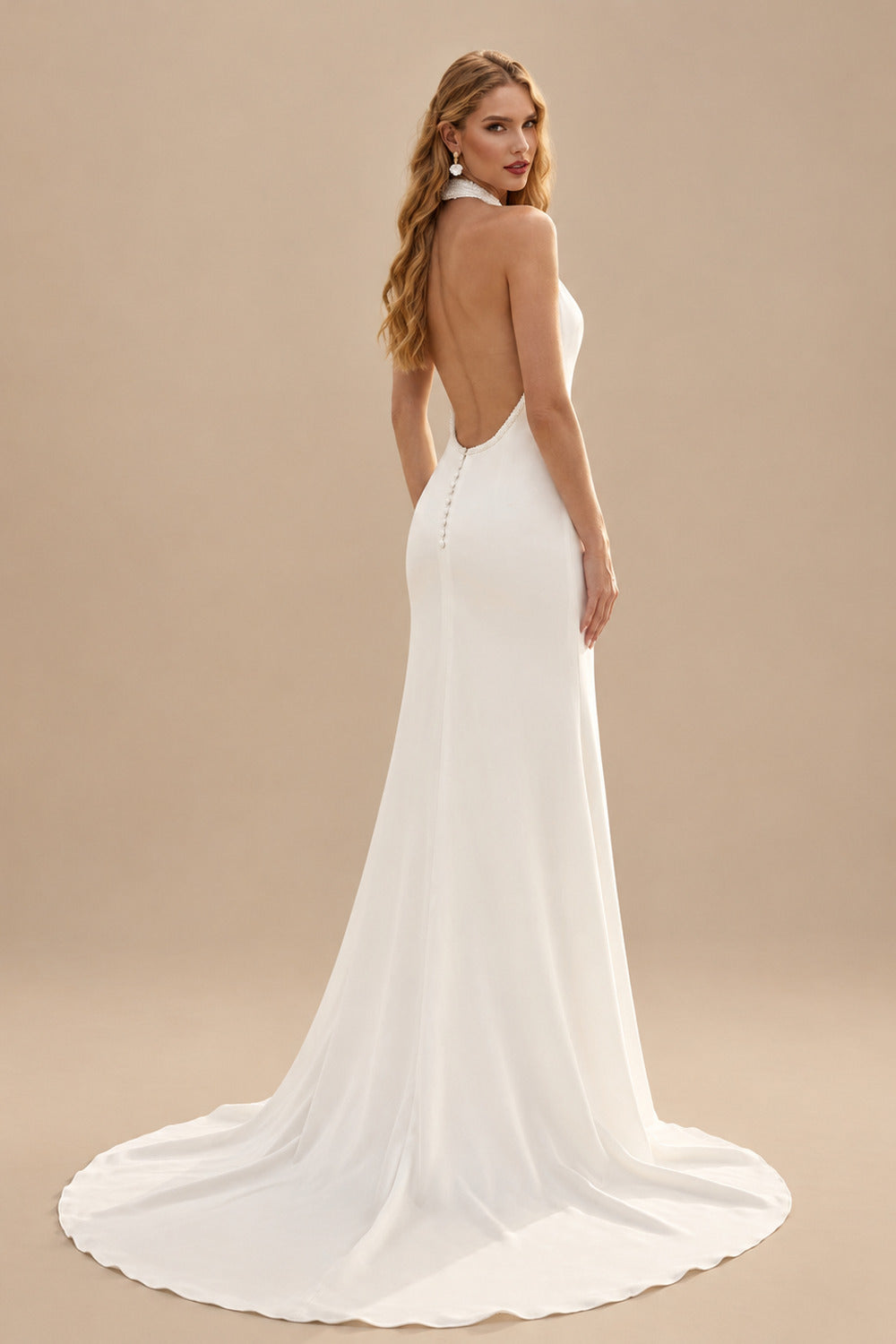 Rutipo Ivory A-Line Halter Sleeveless Chapel Train Elastic Satin Wedding Dresses