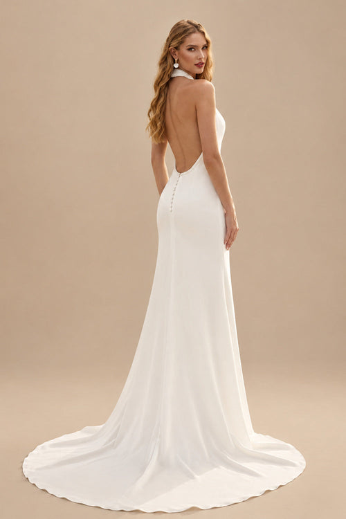 Rutipo Ivory A-Line Halter Sleeveless Chapel Train Elastic Satin Wedding Dresses