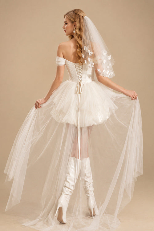 Rutipo Ivory A-Line Off-The-Shoulder Sleeveless Short/Mini Tulle/Taffeta Wedding Dresses