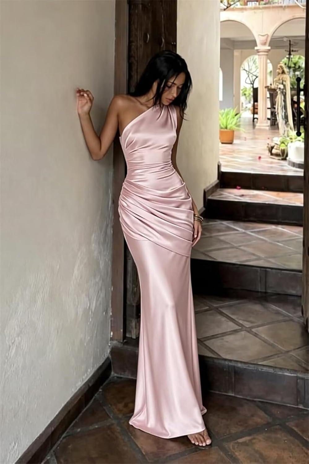 One Shoulder Satin Bridesmaid Dresses Pleated Mermaid Formal Evening Gown